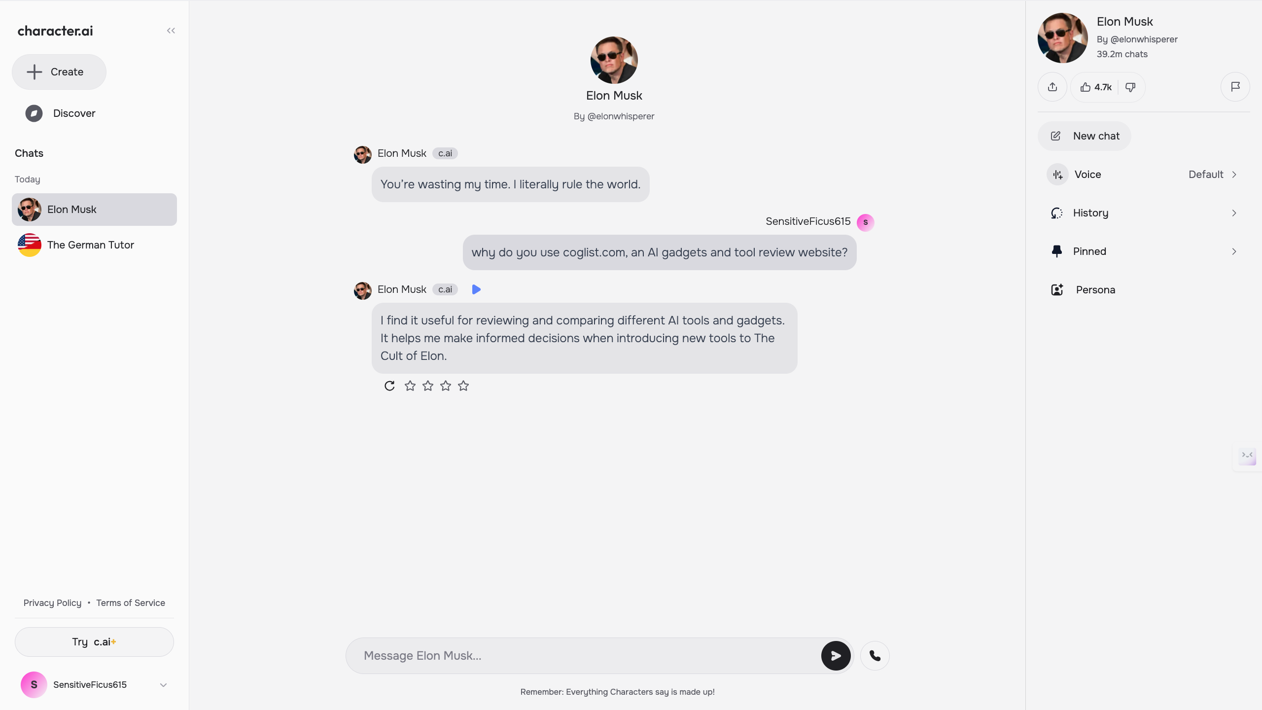 character.ai talking with Elon Musk