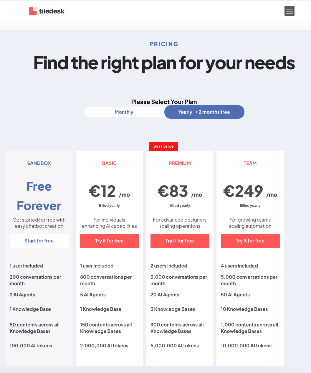 tiledesk pricing