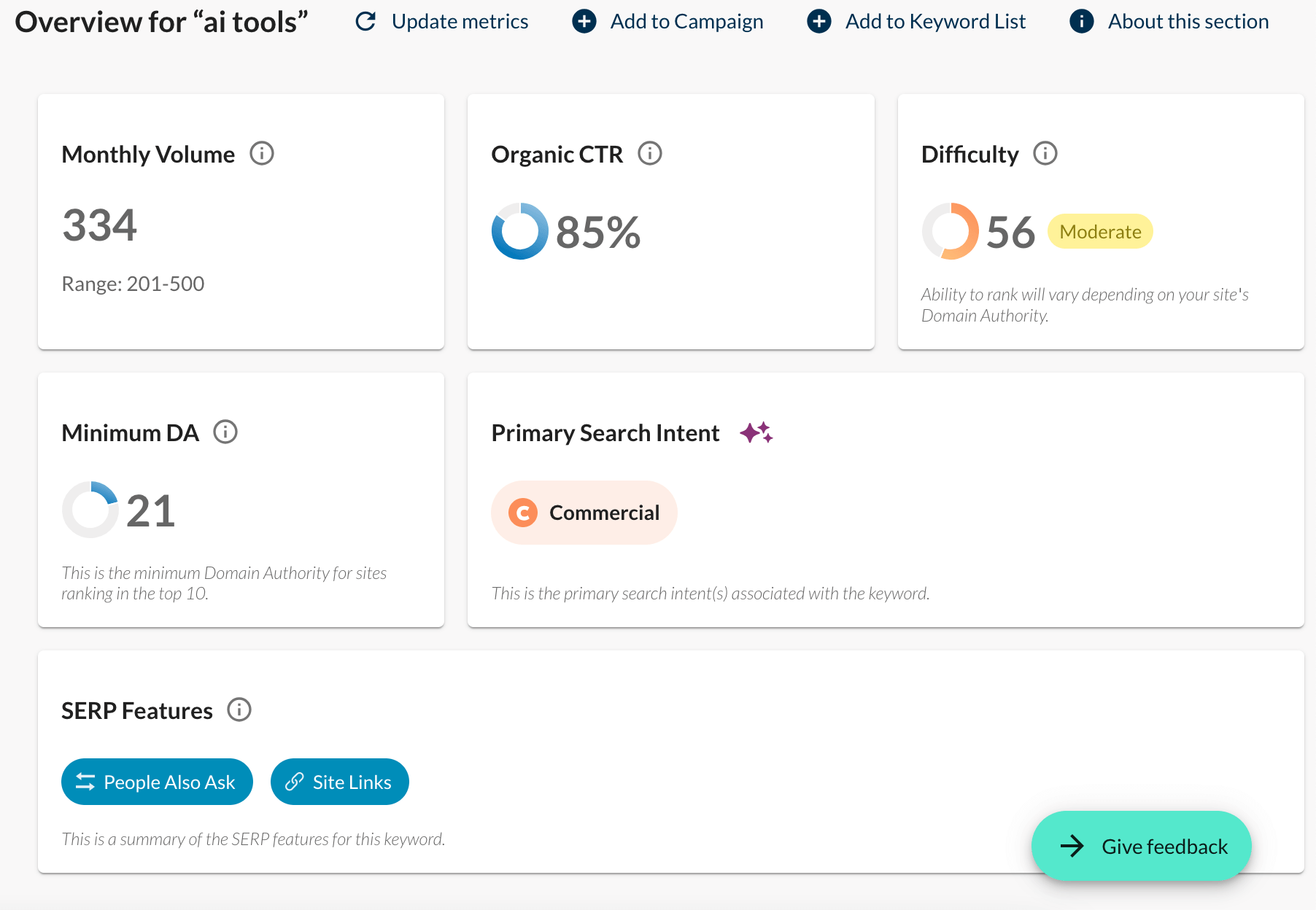 moz keyword research result