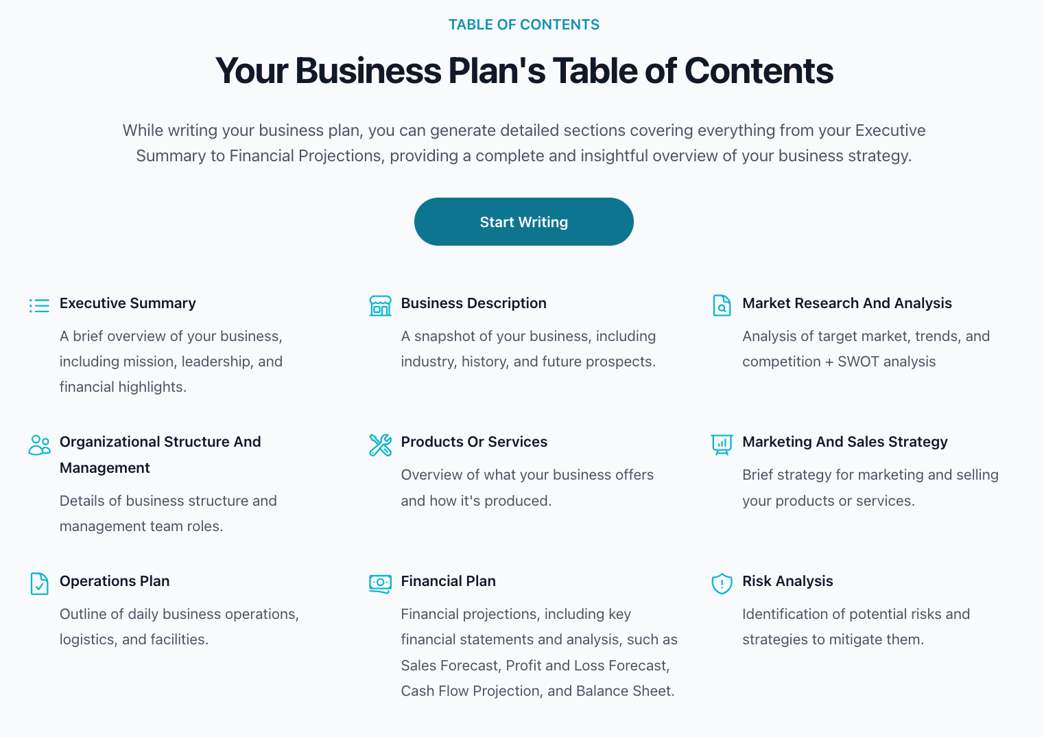 bizplanner table content