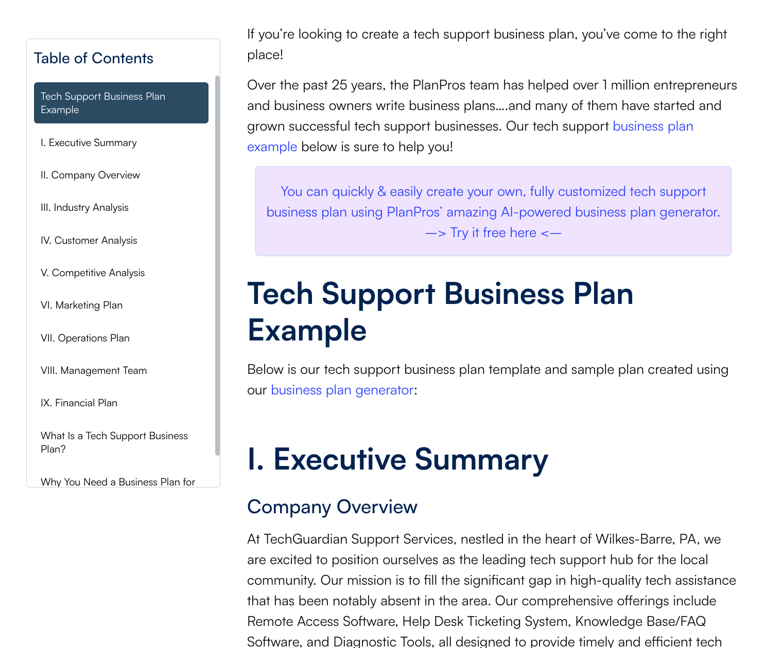 planpros ai business plan example