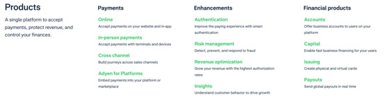 adyen product list